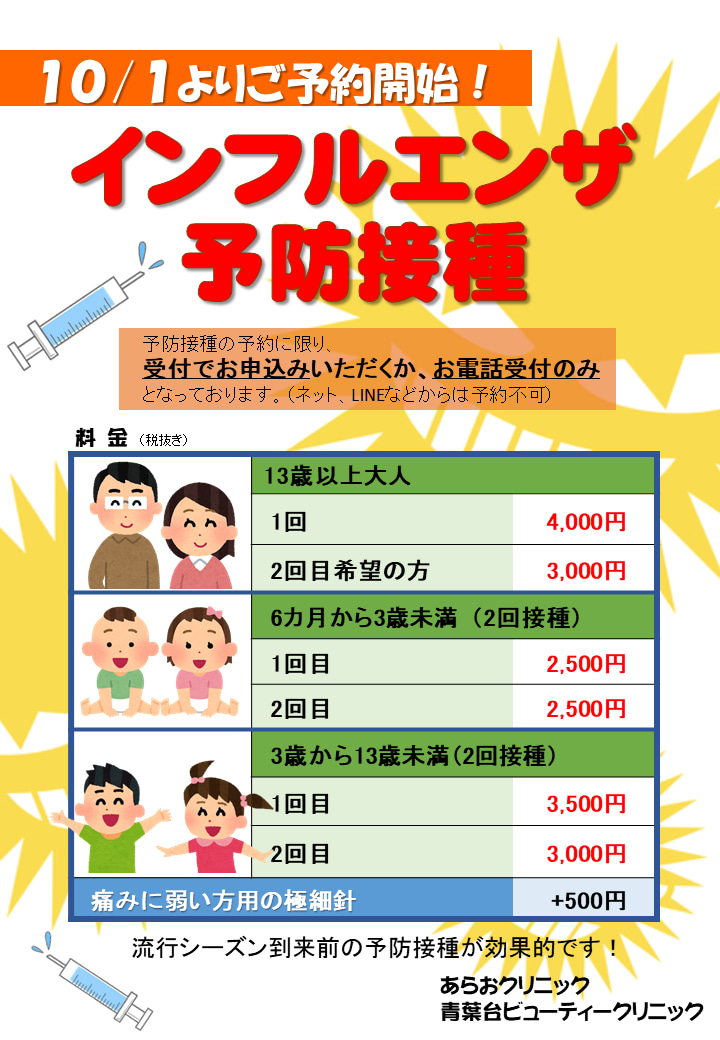 12月17日から29日までのインフルエンザ予防接種予約開始|あらおクリニック 横浜市青葉区の美容皮膚科・形成外科・皮膚科 12月17日から29日までのインフルエンザ予防接種予約開始|あらおクリニック 横浜市青葉区の美容皮膚科・形成外科・皮膚科