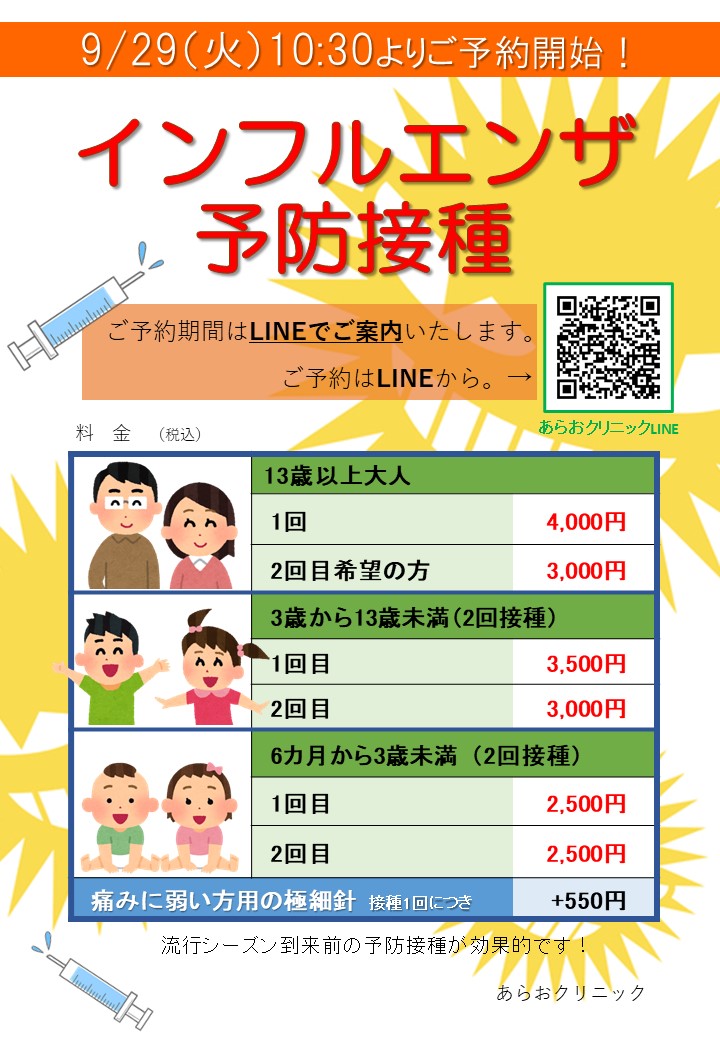 インフルエンザ予防接種 予約受付（終了いたしました）｜あらおクリニック 横浜市青葉区の美容皮膚科・形成外科・皮膚科